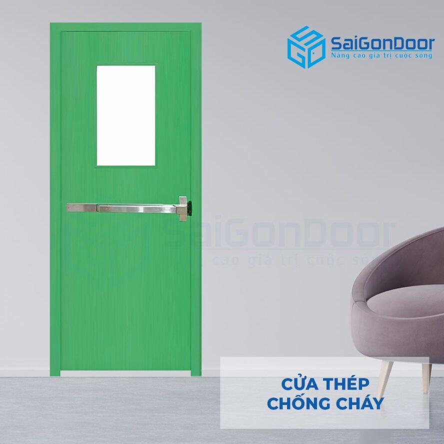 Cửa thép chống cháy P1G1 xanh thoát hiểm